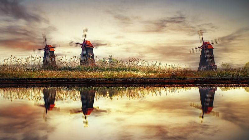 windmill reflection landscape sky water salt_pond autumn Korea Reflectionphoto preview