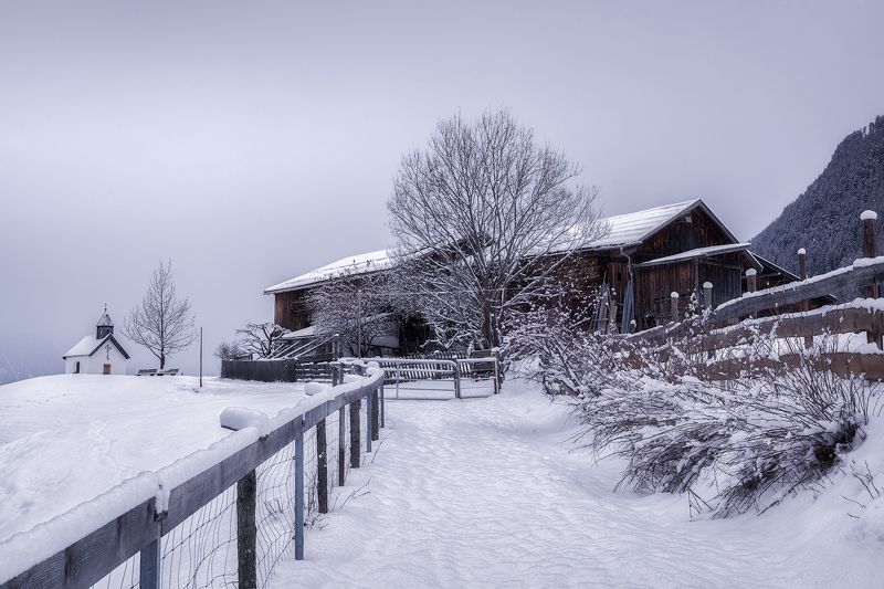 alps, austria, austrian alps, barn, bench, brand, brandalm, bushes, chantry, chapel, cloudy, farm, farmhouse, farmstead, fence, fog, foggy, footsteps, forest, landscape, ludwig rilml  photography, längenfeld, mist, misty, newly fallen snow, oratory, path, Snow - Cappedphoto preview