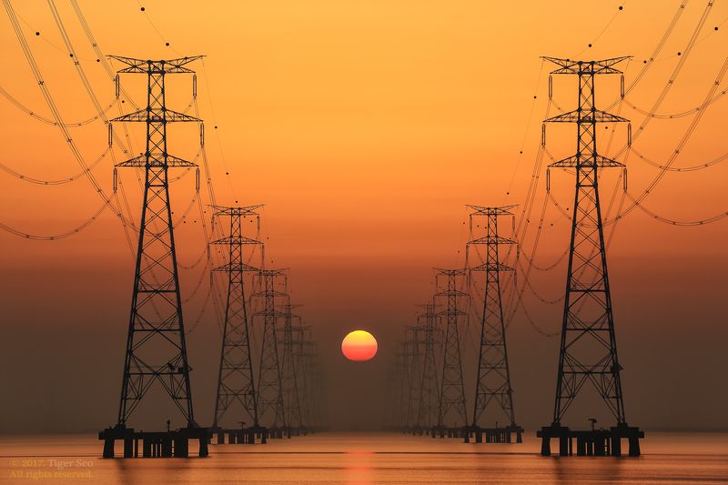 tower sunrise seaside power line morning landscape canon Korea Sunrise on the power towerphoto preview