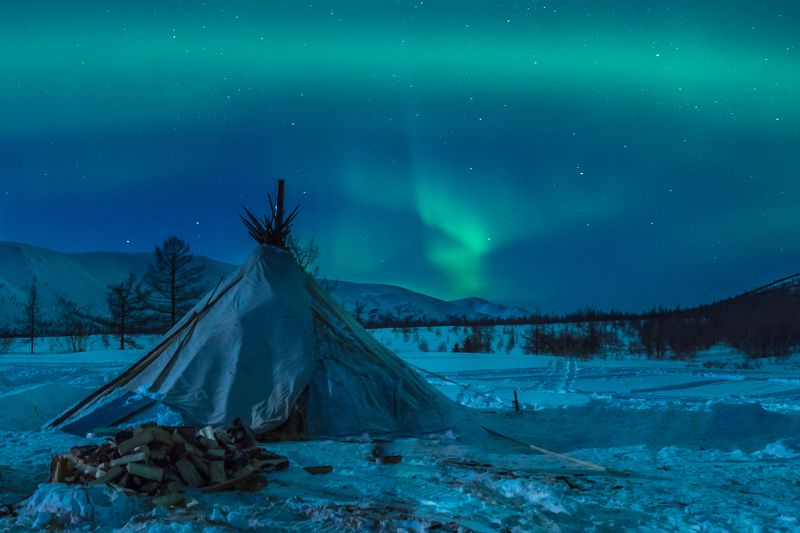 аврора, ямал, снег, оленеводы, чум, полярный урал, зима, северное сияние На Полярном Уралеphoto preview