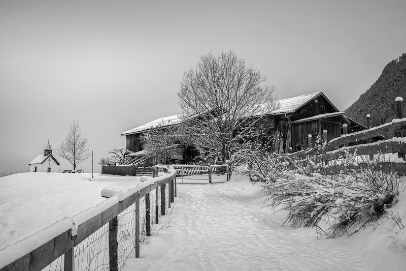 alps, austria, austrian alps, barn, bench, brand, brandalm, bushes, chantry, chapel, cloudy, farm, farmhouse, farmstead, fence, fog, foggy, footsteps, forest, landscape, ludwig rilml  photography, längenfeld, mist, misty, newly fallen snow, oratory, path, Snow - Capped IIphoto preview