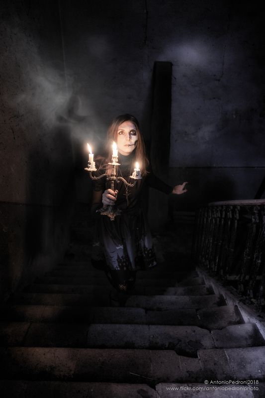 candle, dark, stairway, model, modella, urbex, portrait, halloween the night is dark and full of terrorsphoto preview