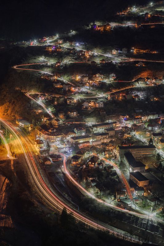 night, light, city, mountain, landscape, train, river  Night linesphoto preview