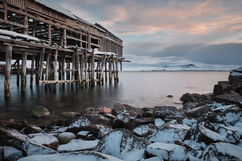 баренцево море,териберка,утро,зима,крайний север,заполярный круг,пейзаж,россия,,берег,снег,лёд,рассвет,камни,постройка,заброшка Рассвет в Лодейной губе Баренцева моряphoto preview