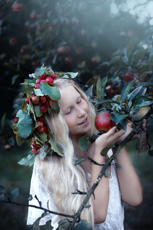 portrait, apple, apples, garden, autumn, girl, red girl in apple gardenphoto preview