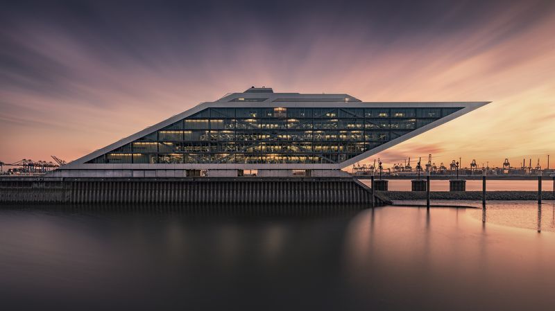 harbour, hamburg, water, sunset, clouds, building, architecture, longexposure Docklandphoto preview