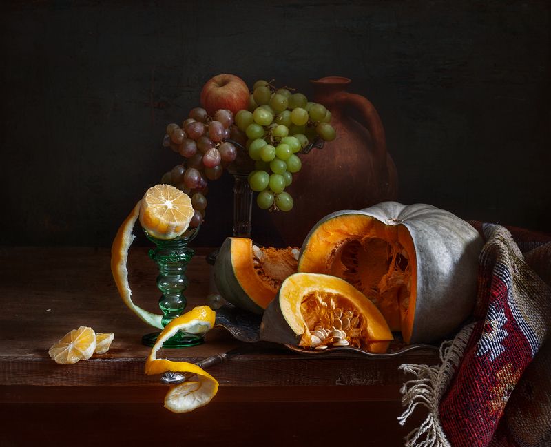 натюрморт, still life, тыква. виноград. лимон, арт, картина, евгений корниенко Натюрморт с тыквой и лимономphoto preview