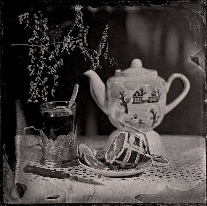 Чайная, натюрморт, лимон, лимонка, чай, чайник,амбротип, амбротипия Чайная с лимонкой.photo preview
