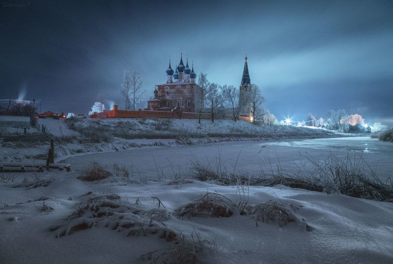 дунилово, ивановская область, ночь, дымка, свет, село, храм Сияниеphoto preview