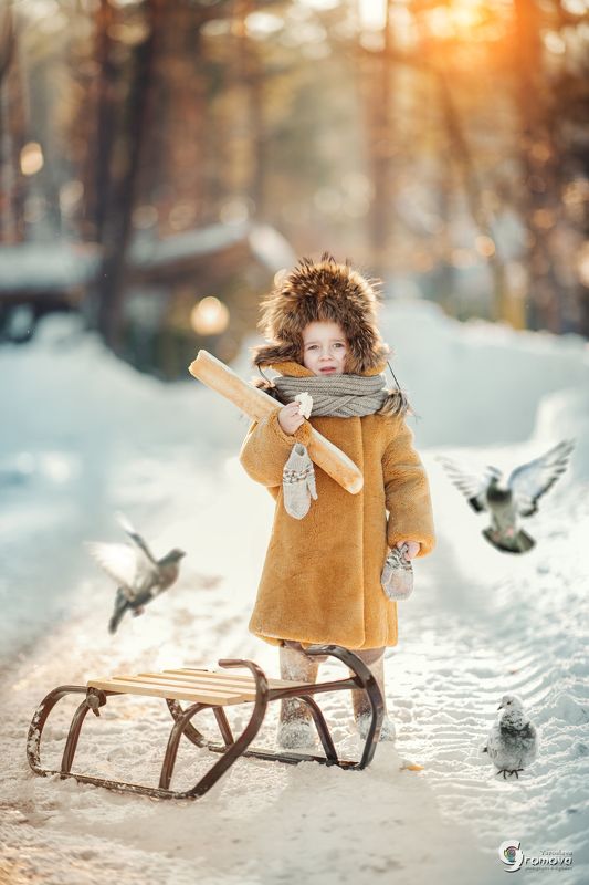 дети, мальчик, девочка, зима, голуби, санки, хлеб, село, деревня Однажды зимой фото превью