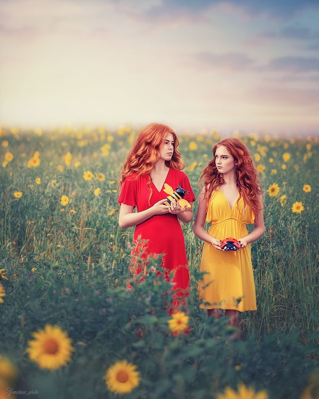 девушка, дети, ребенок, портрет, рыжая, желтый, красный, весна, лето, подсолнухи, цветы, настроение, винтаж, girl, children, portrait, sister, yellow, red, red hair, red head, ginger, sunflower, spring, summer photo preview
