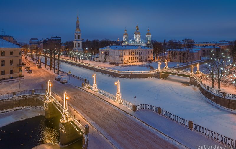 россия, петербург, санкт-петербург, город, зима, утро, рассвет, архитектура, дрон Семимостье Никольский Морской соборphoto preview
