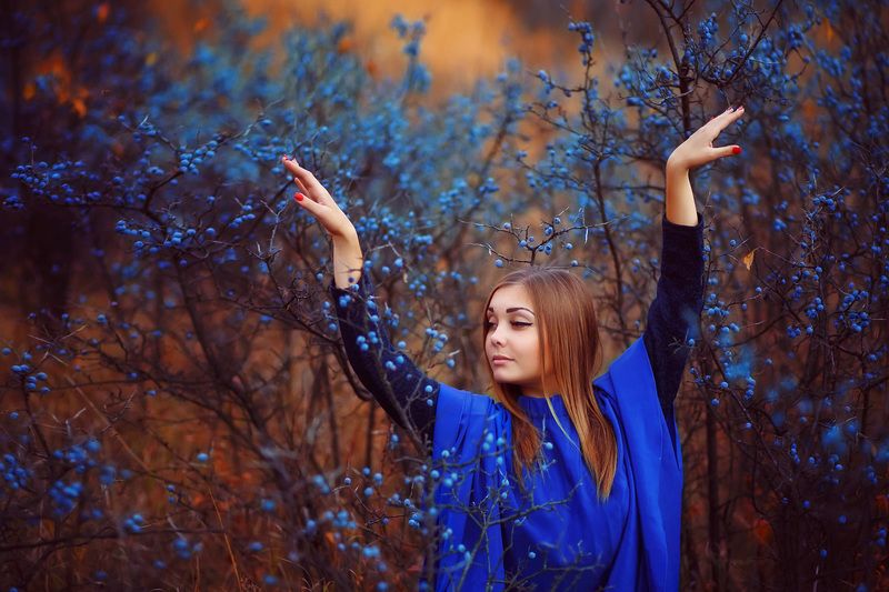 цветовые контрасты, синий и оранжевый, девушка красивая, терновник, сказочная фотография В терновникеphoto preview