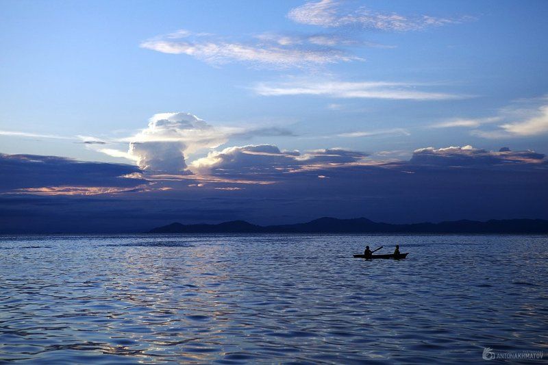 landscape, sea, sunrise, water, boat, house, palm, mountain, sky, clouds ***photo preview
