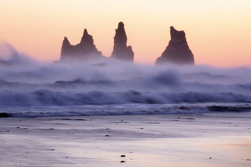 sunset, reinisdrangar, iceland Extremely strong wind and sunset at Reinisdrangar. Iceland.photo preview