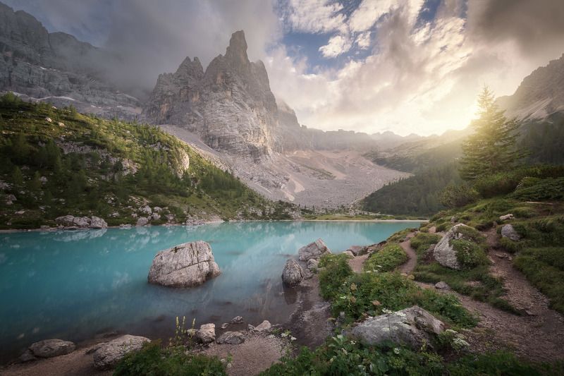alpine, alps, beautiful, beauty, blue, calm, cyan, dolomites, europe, european, evening, flowers, forest, grass, green, hiking, italia, italian, italy, lago, lake, landscape, mountain, mountains, natural, nature, outdoor, park, peak, pine, reflection, roc The Sanctuary of Lightphoto preview