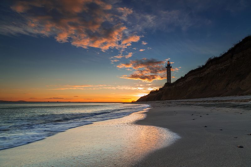 beach, black sea, bulgaria, coast, coastline, landscape, lighthouse, nature, nessebar, ravda, sea, shore, sky, summer, sun, sunset, travel Lighthouse on the rocks at sunsetphoto preview
