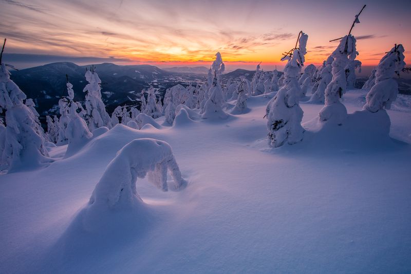 lysa hora, beskids, mountains, snow, winter, sunset, sunrise photo preview