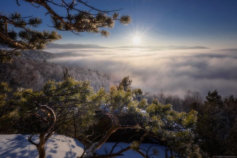 алтай, белокуриха, зима, закат, облака, солнце, горы, лес, снег, пейзаж, свет, туман Чергинский фото превью