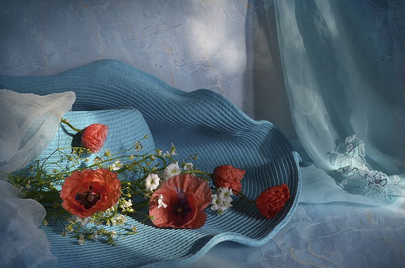 лето соломенная шляпка бирюзовый маки вечер \