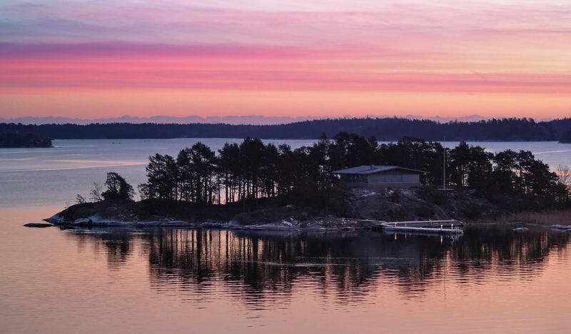 остров, Швеция, зима, дом, причал, рассвет, вода островphoto preview