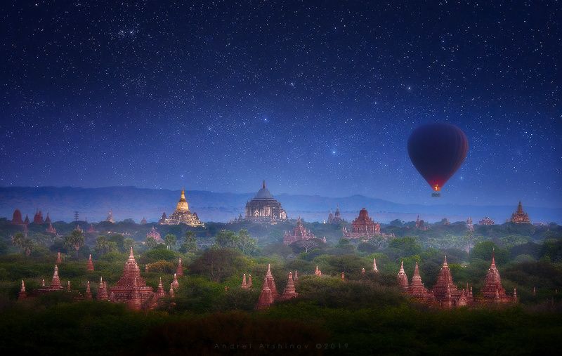 myanmar, burma, nightsky, balloon, landscape, scenic, Туманная ночь над Баганом. Бирмаphoto preview