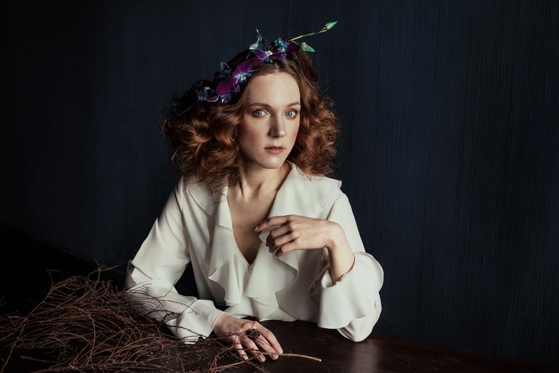 flowers, orchid, portrait, redhair, table, painting, vintage, branches Olga and Orchidphoto preview