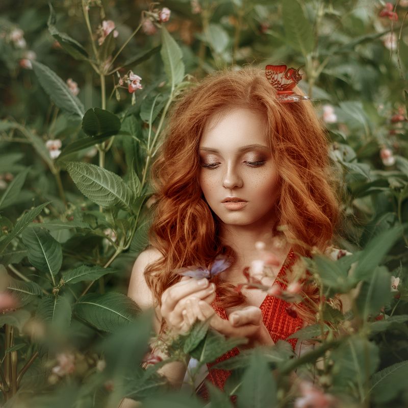 девушка, портрет, рыжие волосы, сказка, лето, весна, красный, зеленый, girl, portrait, red hair, fairy tale, spring, summer, red, green photo preview