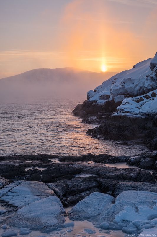 баренцево море,териберка,утро,зима,крайний север,заполярный круг,пейзаж,россия,,берег,снег,лёд,рассвет,камни,солнце,туман,пар,мороз, Восходящее заполярное солнцеphoto preview