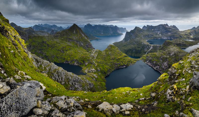 lofoten, summer, norway, cold, fjord, dark, rocks, mountains, lake, green, норвегия, север, фьорды, горы, north, лофотены, monkebu, moskenes, moskenesøya Озера Москенесаphoto preview