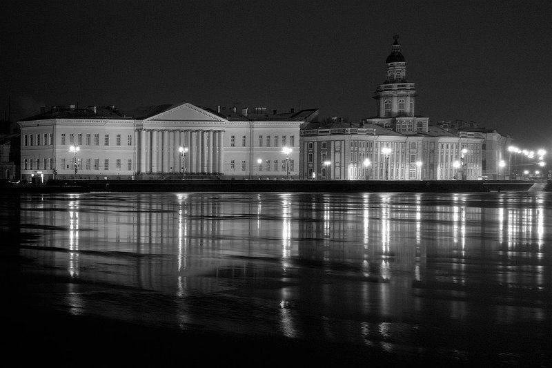 питер, зима, ночь, нева, университетская набережная, кунсткамера ***photo preview