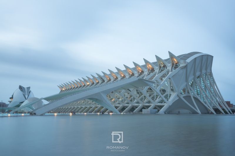 Architecture, Famous Place, Blue, Modern, Urban Scene, Building, Tower, Building Exterior, City, Travel, Asia, Cityscape, River, Sky, Reflection, Tourism, Ciudad, Artes, Ciencias, Valencia, Spain, City of Arts and Sciences Ribs in bluephoto preview