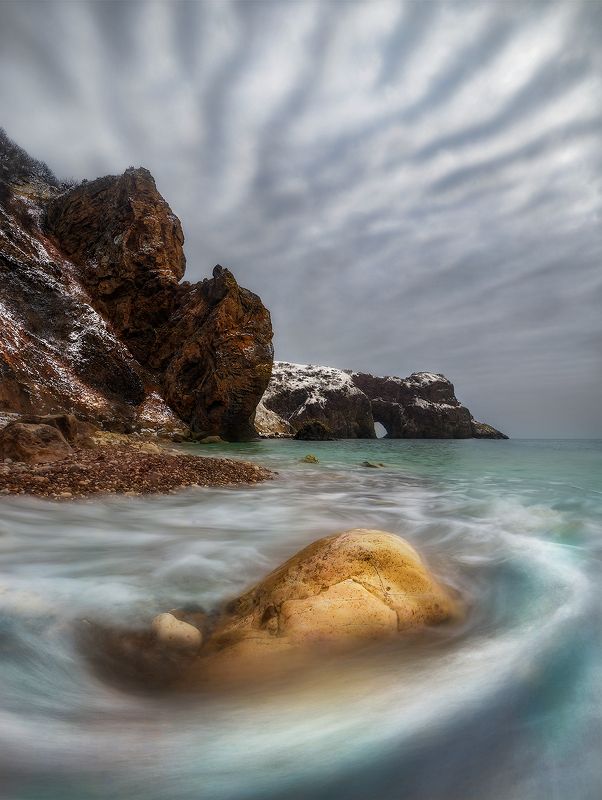 грот, море, зима, мыс, волны, снег, крым, севастополь, фиолент \