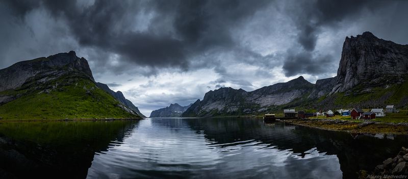 lofoten, summer, norway, cold, fjord, dark, rocks, mountains, lake, green, норвегия, север, фьорды, горы, north, лофотены, monkebu, moskenes, moskenesøya Высокие берега фьордовphoto preview