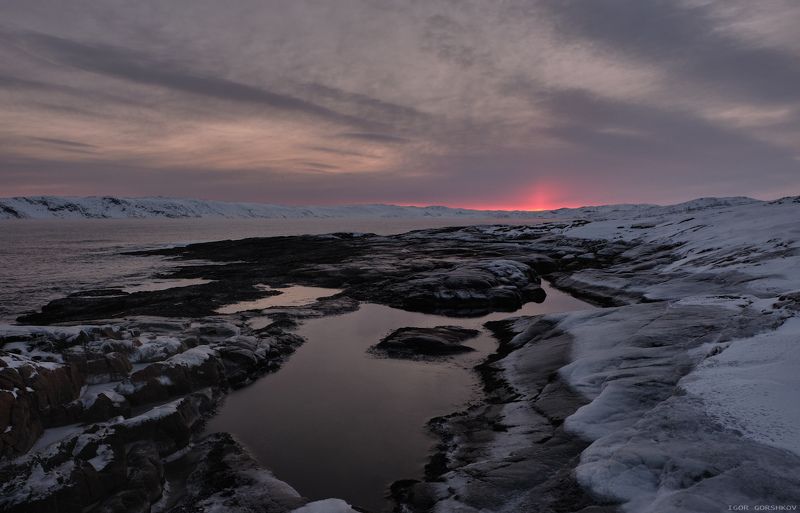баренцево море,териберка,утро,зима,крайний север,заполярный круг,пейзаж,россия,,берег,снег,лёд,рассвет,камни,солнце, Рассветный огонёк.photo preview