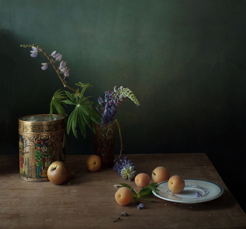 натюрморт, марина марианна, лето, цветы, люпины, абрикосы, фрукты, настроение, marina marianna абрикосы и цветыphoto preview