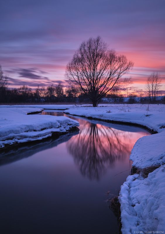 подмосковье,закат,река,яуза,тайнинское,вечер,зима,весна,март,вода,отражения,дерево,природа,снег,берег,длинная выдержка,пейзаж Начало марта на Яузеphoto preview