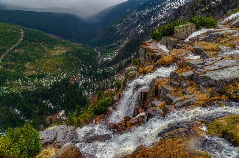 природа осень листва утро туман путешествия пейзаж вода водоём водопад Чехия весна скалы горы отражения Панчавский Водопадphoto preview