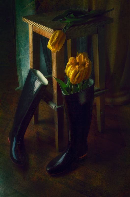 тюльпаны, сапоги, табуретка, натюрморт, separatedphoto preview