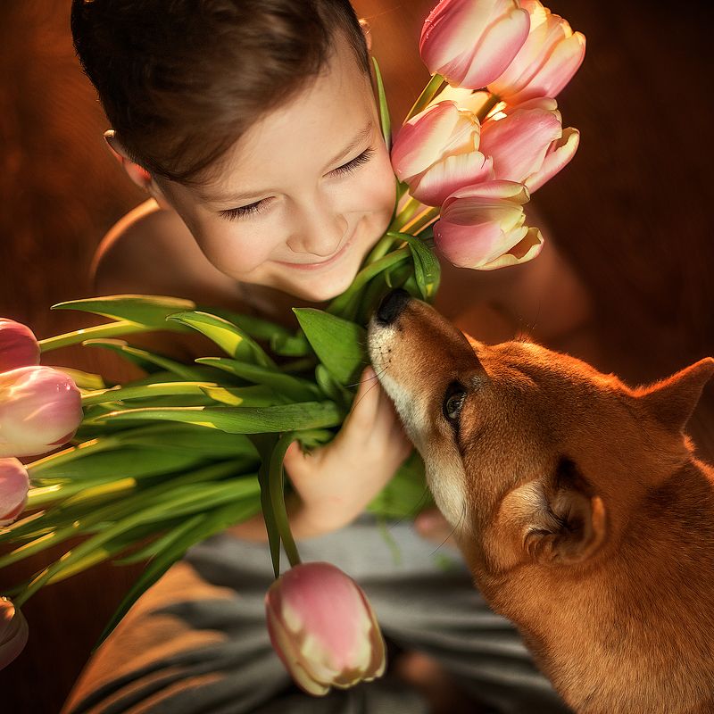 мальчик, сын, собака, праздник, весна Любимый сыночекphoto preview