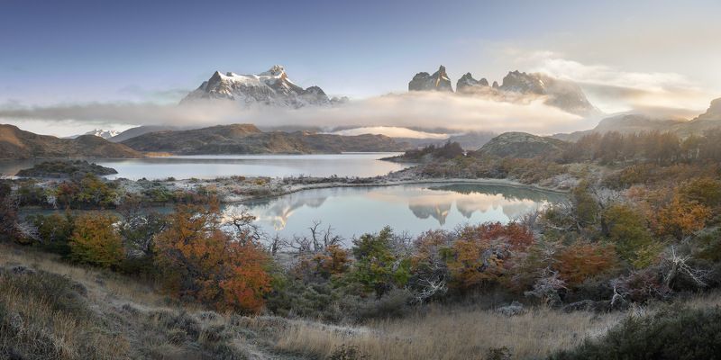 america, andes, beautiful, blue, chile, clouds, cuernos, del, frost, glacier, hiking, hill, ice, lake, landmark, landscape, light, mirror, morning, mountain, national, nature, orange, outdoor, paine, pano, panorama, panoramic, park, patagonia, peak, pehoe Paradise Lostphoto preview