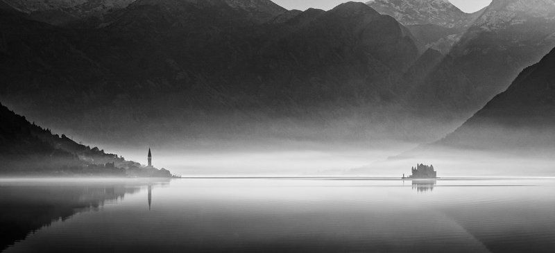 montenegro, perast, Горы, Дымка, Европа, Залив, пераст, Туман, Утро, Чб, черногория Тихое утро 2photo preview