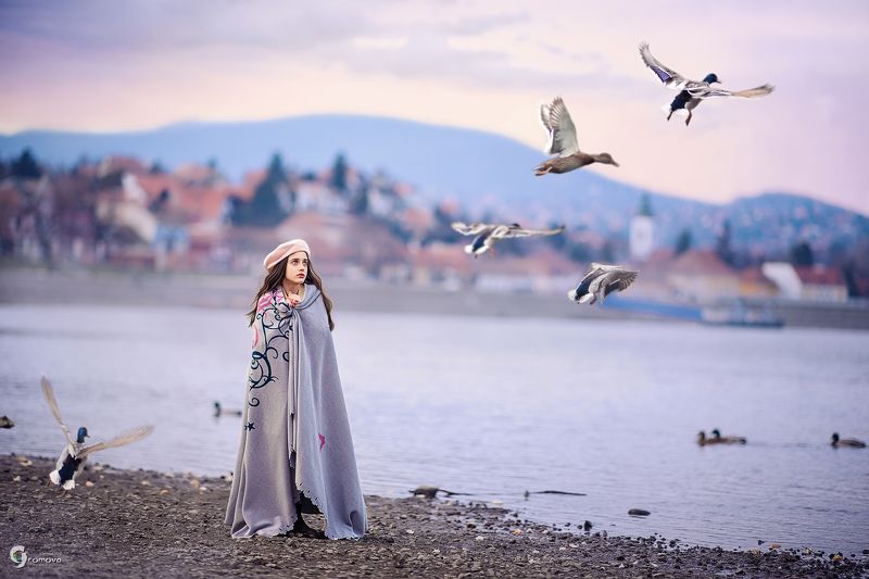 Девочка, плед, утки, озеро, городок, Венгрия Вечер в Сентендре фото превью