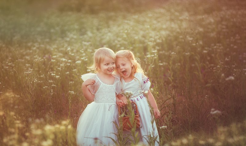 девочки, поле, закат photo preview