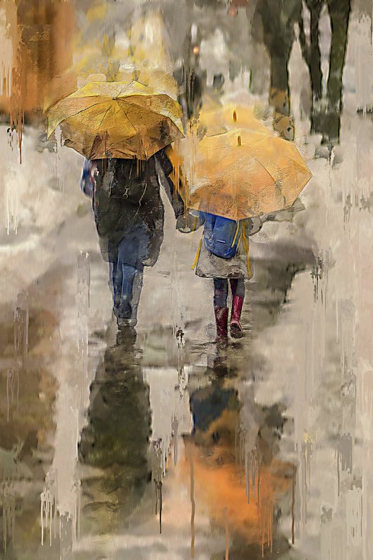 стилизация, картина, город, импрессио, весна, Два зонта фото превью