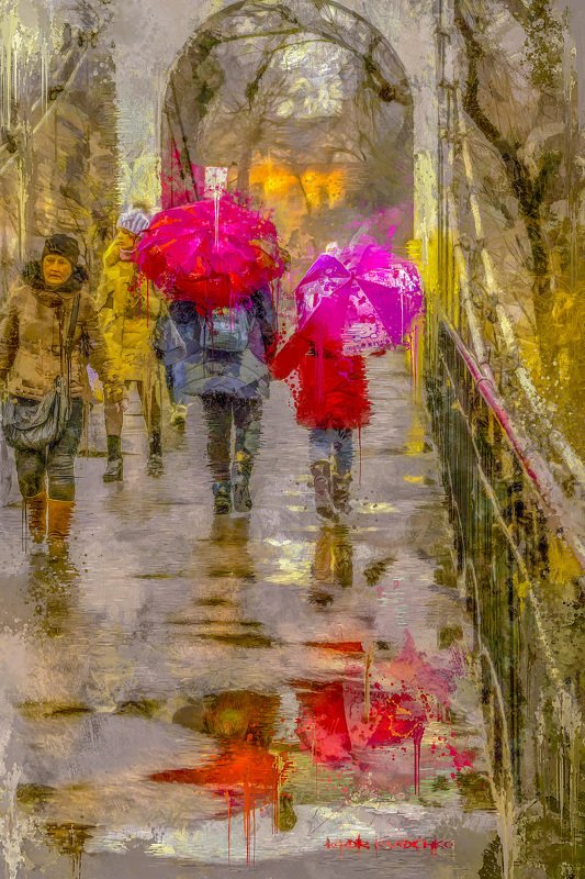 стилизация, картина, город, импрессио, весна, Два зонта_2 фото превью