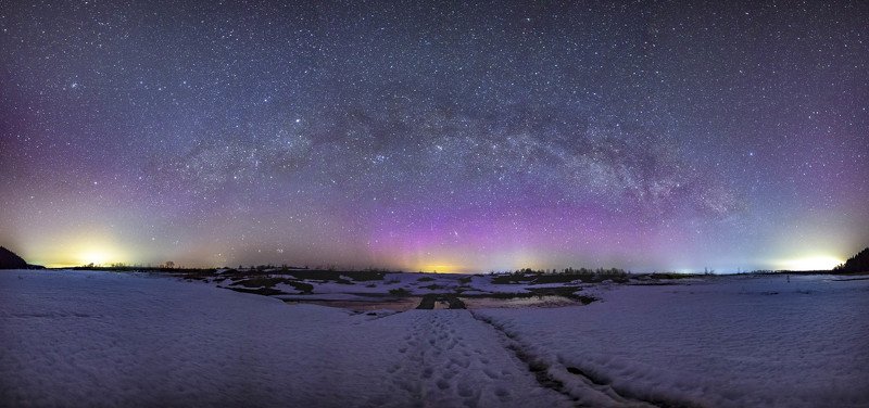 звезды, млечный путь, ночь, астрофото, река, северное сияние река Чусоваяphoto preview