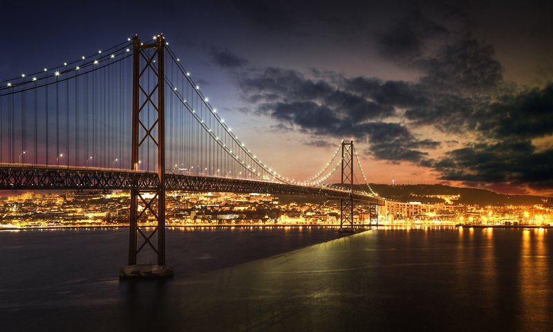 lisboa, city, night, architecture, portugal, river, sunset, blue, light, Ponte 25 de Abril, Lizbon, Portugalphoto preview