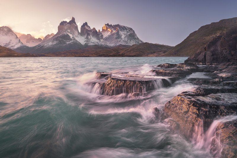 america, andes, basalt, blue, chile, cliff, cuernos, del, dramatic, evening, frost, glacier, hiking, hill, history, island, lago, lake, landmark, landscape, light, mountain, national, nature, outdoor, paine, park, patagonia, peak, pehoe, range, rock, roug The Sea of Stormsphoto preview
