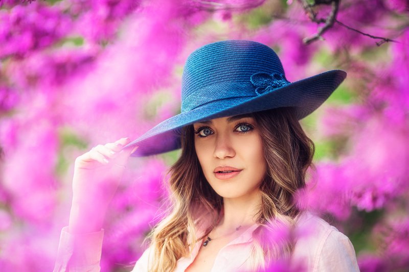 beauty, girl, cute, glamour, face, blue eyes, pink, blue hat, Portrait in Pink Blossomphoto preview